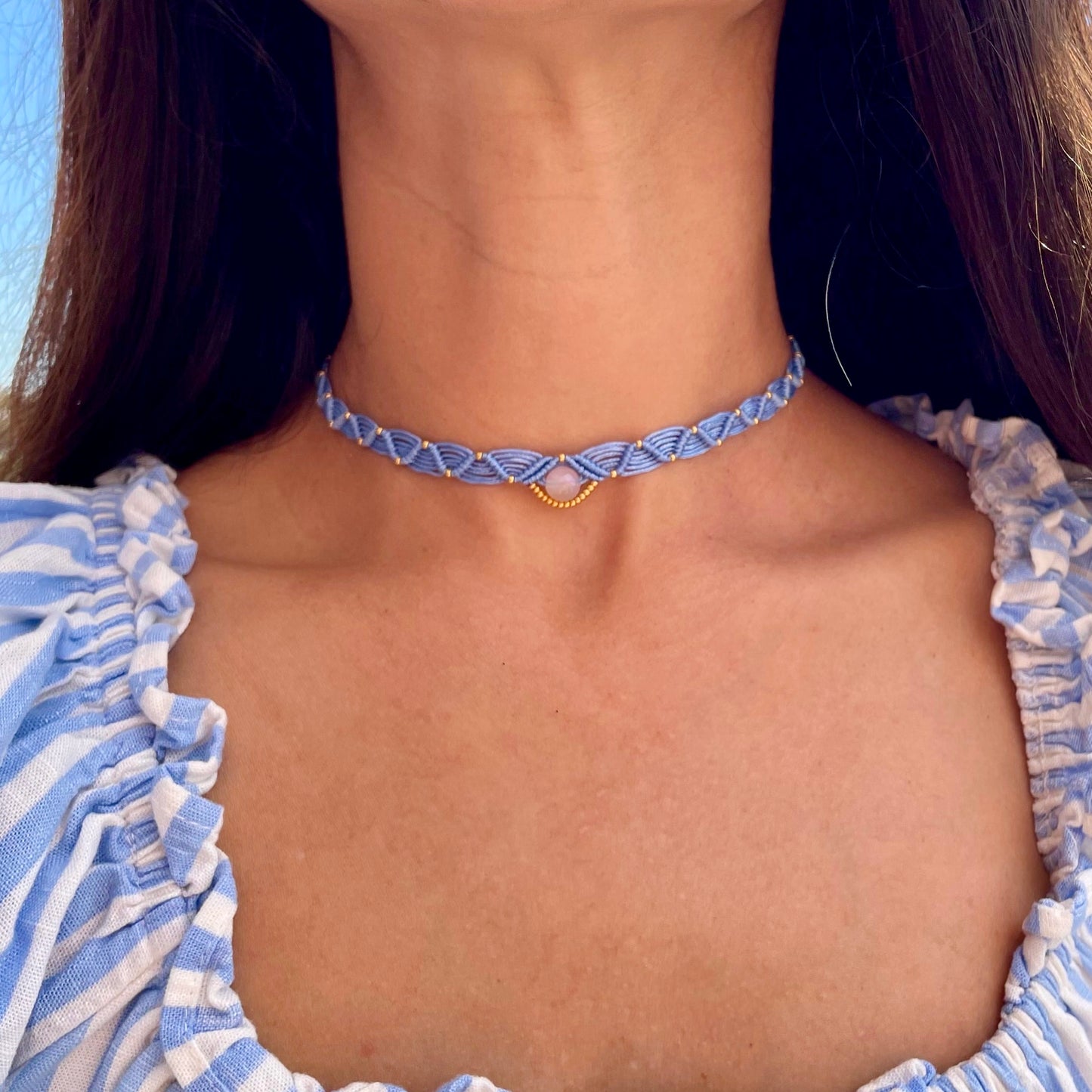 Collana celeste con pietra di Quarzo Rosa